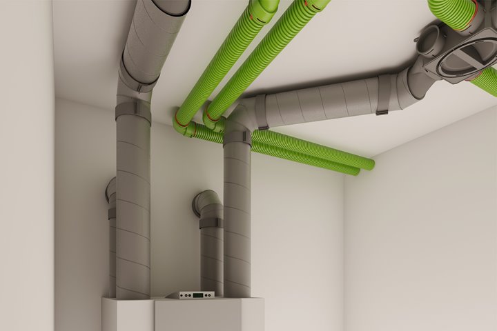 Een ventilatiesysteem waar het geïsoleerde leidingsysteem Aerfoam is toegepast